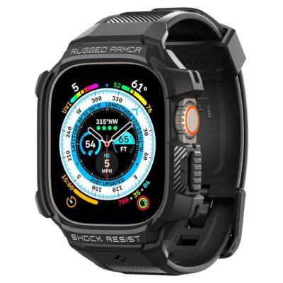 Juodas dėklas Apple Watch Ultra 1 2 49mm Spigen Rugged Armor Pro su matomu ekranu ir šoniniu mygtuku
