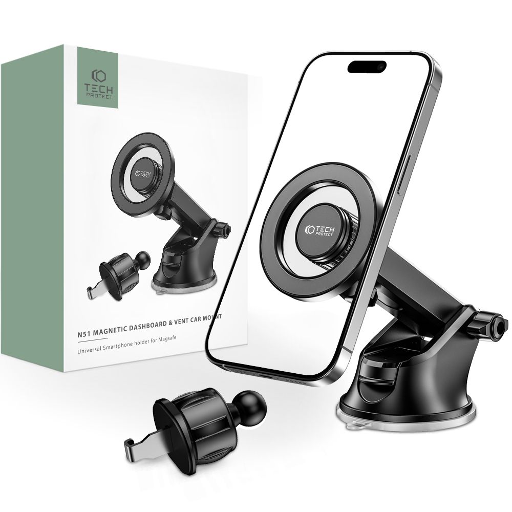 Juodas telefono laikiklis Tech-Protect N51 Magnetic Juodas telefono laikiklis Tech-Protect N51 Magnetic automobilio prietaisų skydeliui ir ventiliatoriui