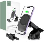 Juodas telefono laikiklis su pakrovimu TECH-PROTECT MM15W-V1 MAGNETIC MAGSAFE 15W ant automobilio prietaisų skydelio ir ventiliacijos grotelių