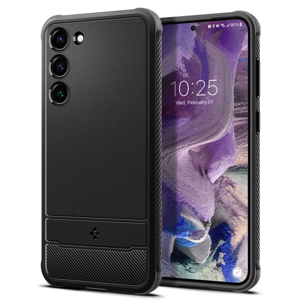 Juodas matinis dėklas Samsung Galaxy S23 Spigen Rugged Armor Juodas matinis dėklas Samsung Galaxy S23 Spigen Rugged Armor su išlenktais kraštais ir trimis kameromis