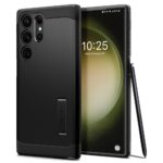 Juodas dėklas Samsung Galaxy S23 Ultra Spigen Tough Armor su stovu ir kamera ekrano pusėje