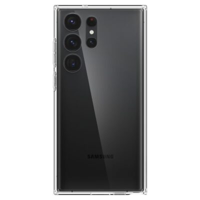 Skaidrus dėklas Samsung Galaxy S23 Ultra Spigen Ultra Hybrid aplink juodą telefoną su trimis kamerų objektyvais