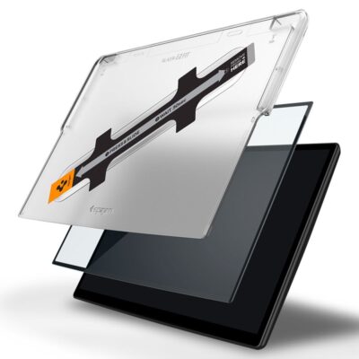 Juodas apsauginis ekrano stikliukas Tesla Model X 2022 Model S 2021 Spigen Glass Fc Ez Fit su įdėjimo pagalba.