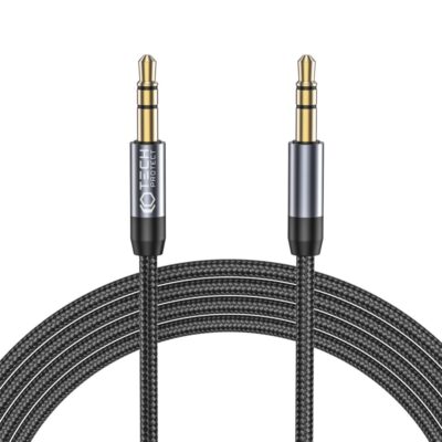 Juodas adapteris TECH-PROTECT ULTRABOOST AUX MINI JACK 3.5MM CABLE 150CM su auksiniais jungtimis ir pynimu laidu.