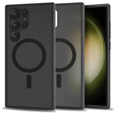 Juodas matinis dėklas Samsung Galaxy S23 Ultra su magsafe žiedu ir išpjovomis kamerai