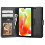 Juodas atverčiamas dėklas Xiaomi Redmi 12C Tech-Protect Wallet su kortelių ir pinigų skyriumi