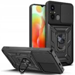 Juodas dėklas Xiaomi Redmi 12C Tech-Protect Camshield Pro su kamerų apsauga ir stovu