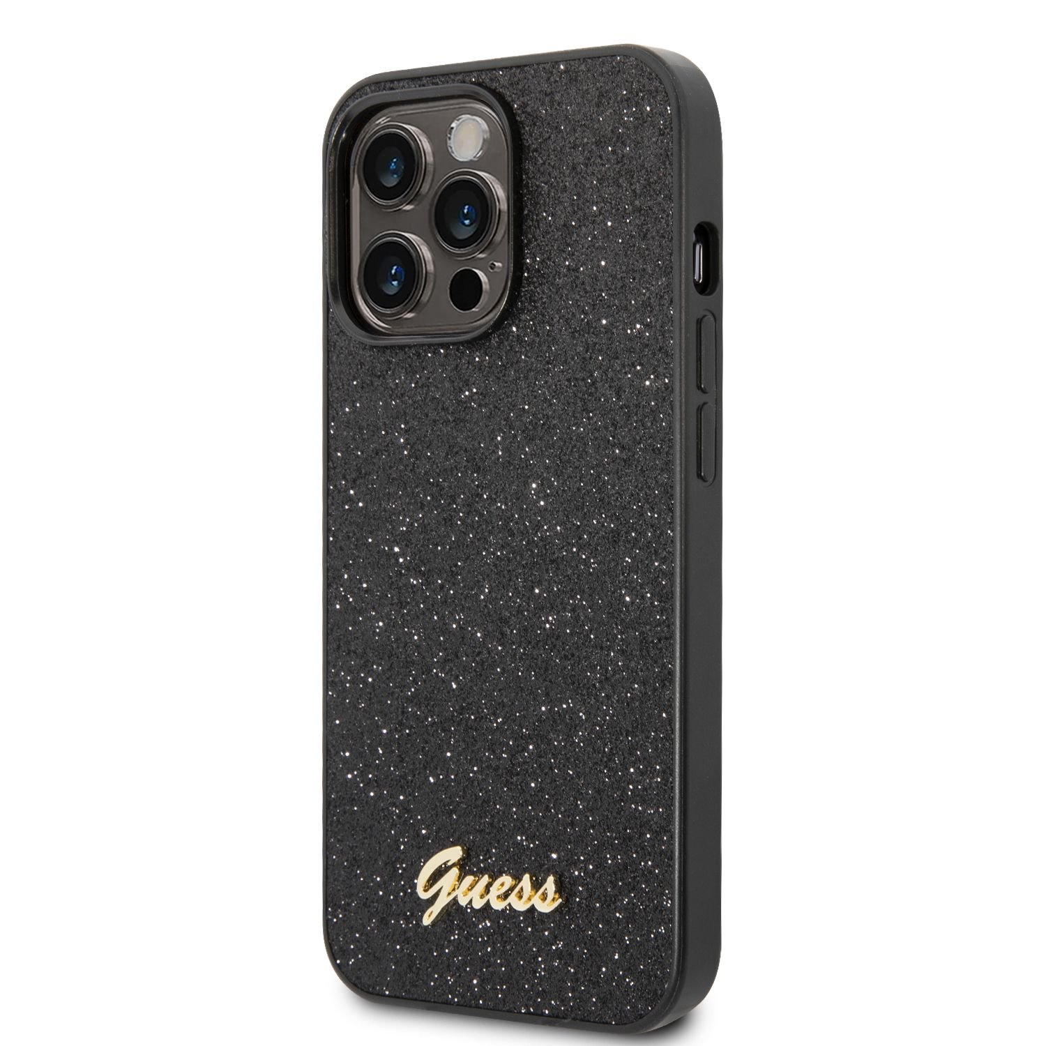 Juodas originalus dėklas Guess PC TPU Glitter Flakes Metal Logo iPhone 14 Pro Max Juodas originalus dėklas Guess PC TPU su blizgučiais ir metaliniu logotipu telefonui Apple iPhone 14 Pro Max