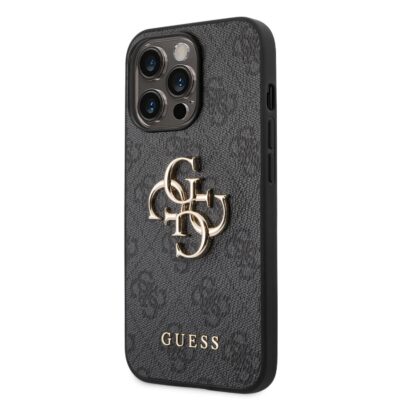 Pilkas originalus dėklas Guess PU 4G Metal Logo telefonui Apple iPhone 14 Pro Max su metaliniu logotipu