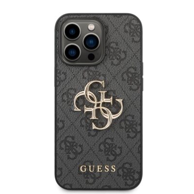 Pilkas originalus dėklas Guess PU 4G Metal Logo telefonui Apple iPhone 14 Pro Max su auksiniu metaliniu logotipu