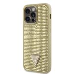 Auksinis originalus dėklas Guess Rhinestones Triangle Metal Logo telefonui Apple iPhone 14 Pro Max su blizgiais akmenukais
