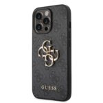 Pilkas originalus dėklas Guess PU 4G Metal Logo telefonui Apple iPhone 14 Pro su metaliniu logotipu