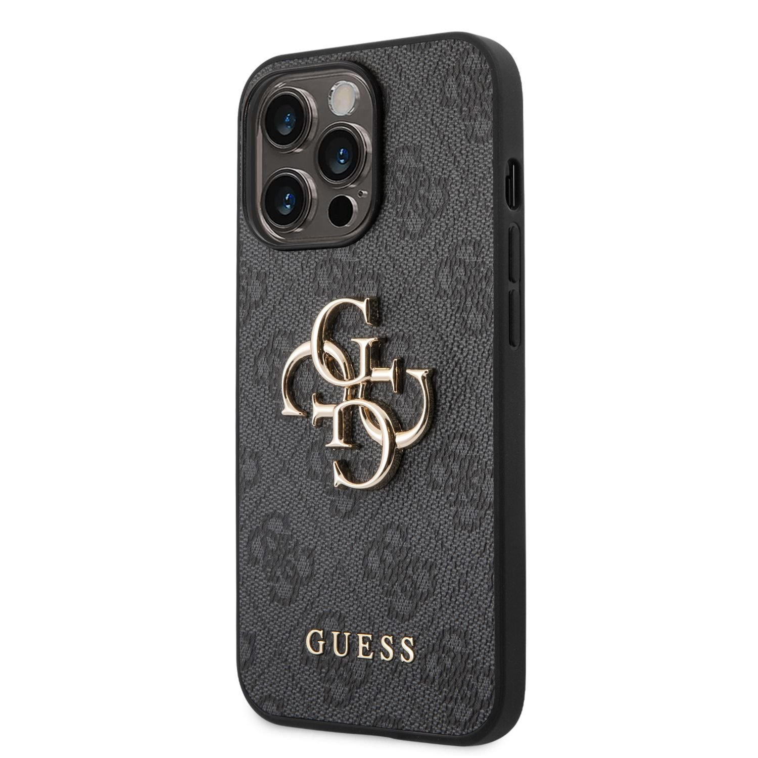 Pilkas originalus dėklas Guess PU 4G Metal Logo Pilkas originalus dėklas Guess PU 4G Metal Logo telefonui Apple iPhone 14 Pro su metaliniu logotipu