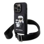 Juodas originalus dėklas Karl Lagerfeld Saffiano Crossbody Karl and Choupette NFT telefonui Apple iPhone 14 Pro su dekoratyviniu Karl Lagerfeld ir katės piešiniu