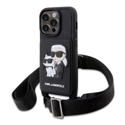 Juodas originalus dėklas Karl Lagerfeld Saffiano Crossbody Karl and Choupette NFT telefonui Apple iPhone 14 Pro su dekoratyviniu Karl Lagerfeld ir katės piešiniu