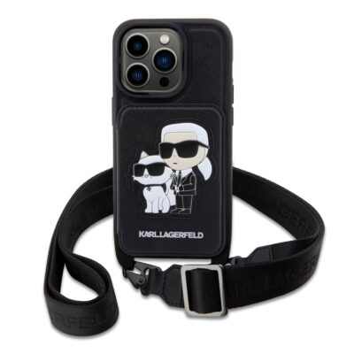 Juodas originalus dėklas Karl Lagerfeld Saffiano Crossbody su Karl ir Choupette NFT dizainu iPhone 14 Pro telefonui