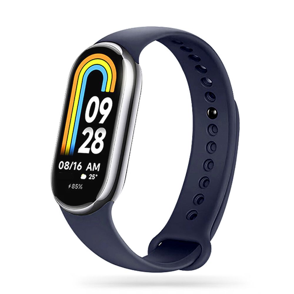 Mėlyna apyrankė Xiaomi Smart Band 8 Mėlyna apyrankė Xiaomi Smart Band 8 su matomu laikrodžio ekranu ir reguliuojamu dirželiu
