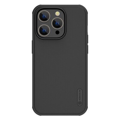 Juodas plastikinis dėklas Apple Iphone 14 Pro Nillkin Frosted Shield Pro Magnetic su tekstūruota paviršiaus dalimi ir kamera