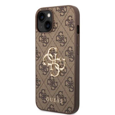 Rudas originalus dėklas Guess PU 4G Metal Logo Apple iPhone 14 telefonui su logotipo detalėmis