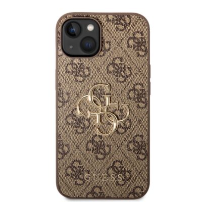 Rudas originalus dėklas Guess PU 4G Metal Logo telefonui Apple iPhone 14 su raštu ir metaliniu logotipu