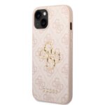 Rausvas originalus dėklas Guess PU 4G Metal Logo telefonui Apple iPhone 14 su auksiniu logotipu