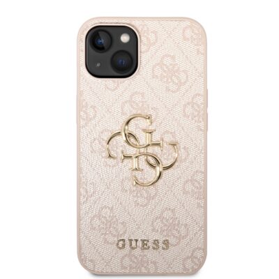 Rausvas originalus dėklas Guess PU 4G Metal Logo telefonui Apple iPhone 14 su auksinio atspalvio logotipu
