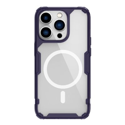 Tamsiai violetinis dėklas Nillkin Nature TPU PRO Magnetic Apple iPhone 14 Pro telefonui permatomas su apsauginiais kampais