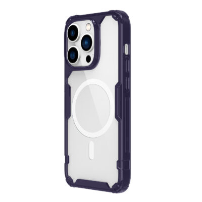 Tamsiai violetinis dėklas Nillkin Nature TPU PRO Magnetic telefonui Apple iPhone 14 Pro su permatomu baltu pagrindu ir apsauga kameros modulio