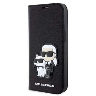 Juodas originalus atverčiamas dėklas Karl Lagerfeld PU Saffiano su Karl ir Choupette NFT paveikslėliu iPhone 14
