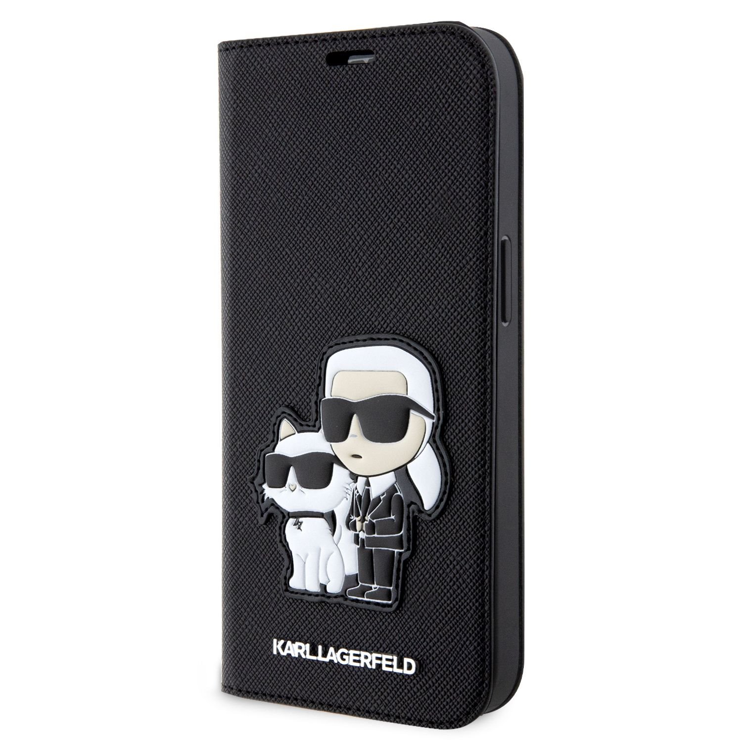 Juodas originalus atverčiamas dėklas Karl Lagerfeld PU Saffiano iPhone 14 Juodas originalus atverčiamas dėklas Karl Lagerfeld PU Saffiano su Karl ir Choupette NFT paveikslėliu iPhone 14