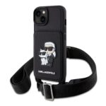 Juodas originalus dėklas Karl Lagerfeld Saffiano Crossbody Karl and Choupette NFT telefonui Apple iPhone 14 su dirželiu