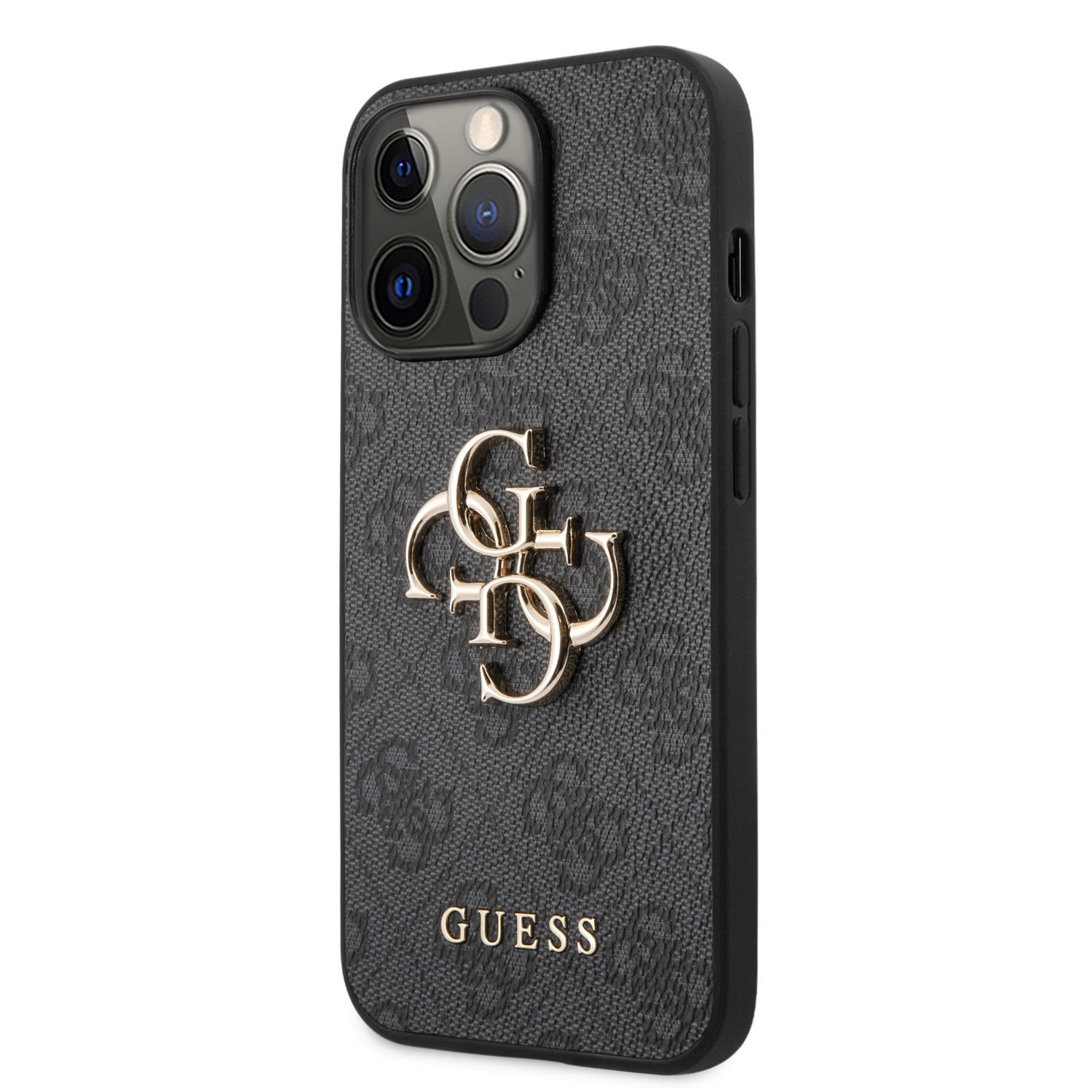 Pilkas originalus dėklas Guess PU 4G Metal Logo Apple iPhone 13 Pro Max Pilkas originalus dėklas Guess PU 4G Metal Logo telefonui Apple iPhone 13 Pro Max su auksiniu logotipu