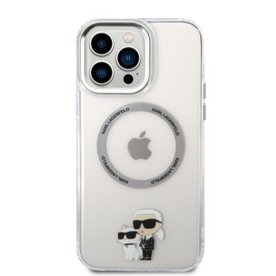 Skaidrus originalus dėklas Karl Lagerfeld MagSafe IML Karl and Choupette NFT telefonui Apple iPhone 13 Pro Max su animaciniu Karl ir katės Choupette piešiniu