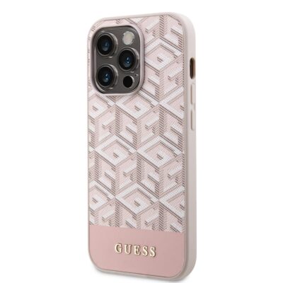 Rausvas originalus dėklas Guess PU G Cube MagSafe telefonui Apple iPhone 13 Pro Max su geometriniu raštu