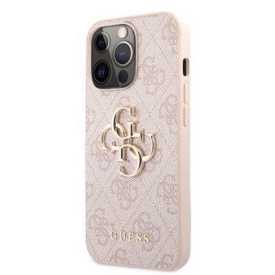 Rausvas originalus dėklas Guess PU 4G Metal Logo telefonui Apple iPhone 13 Pro su metalo logotipu