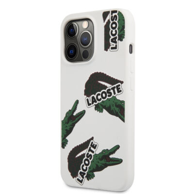 Baltas originalus dėklas Lacoste Liquid Silicone Allover Pattern telefonui Apple iPhone 13 Pro su žalios spalvos krokodilų raštu