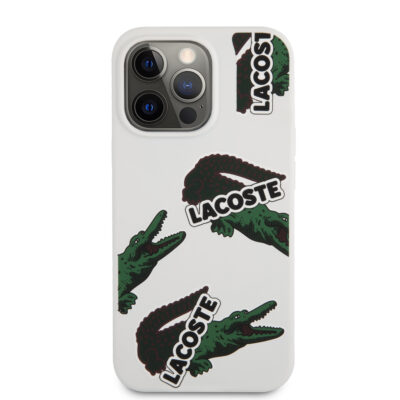Baltas originalus dėklas Lacoste Liquid Silicone Allover Pattern telefonui Apple iPhone 13 Pro su žaliais krokodilų piešiniais