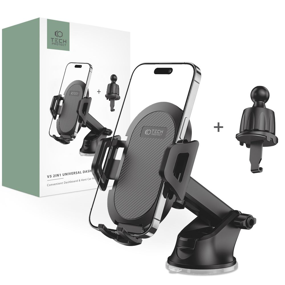 Juodas telefono laikiklis TECH-PROTECT V5 UNIVERSAL DASHBOARD & VENT CAR MOUNT Juodas telefono laikiklis TECH-PROTECT V5 UNIVERSAL DASHBOARD & VENT CAR MOUNT su tvirtinimo laikikliu ir papildomu priedu
