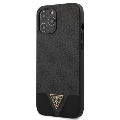 Juodas originalus dėklas Guess 4G Triangle telefonui Apple iPhone 12 Pro Max su tekstūruotu paviršiumi ir metaliniu logotipu