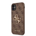 Rudas originalus dėklas Guess PU 4G Metal Logo telefonui Apple iPhone 11 su tamsiai rudu raštu ir metaliniu logotipu