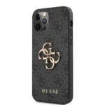Pilkas originalus dėklas Guess PU 4G Metal Logo telefonui Apple iPhone 12 12 Pro su aukso spalvos logotipu