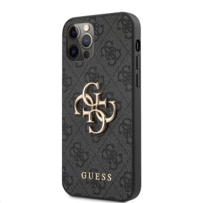 Pilkas originalus dėklas Guess PU 4G Metal Logo telefonui Apple iPhone 12 12 Pro su aukso spalvos logotipu