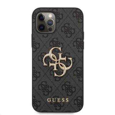 Pilkas originalus deklas Guess PU 4G Metal Logo telefonui Apple iPhone 12 su auksinio atspalvio logotipu ir tekstura