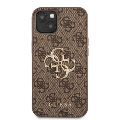 Rudas originalus dėklas Guess PU 4G Metal Logo telefonui Apple iPhone 13 su raštu ir metaliniu logotipu
