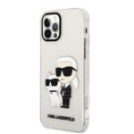 Skaidrus originalus dėklas Karl Lagerfeld iPhone 12 su Karl ir Choupette animacine figūra ir blizgučiais
