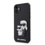 Juodas originalus dėklas Karl Lagerfeld PU Saffiano Karl and Choupette NFT telefonui Apple iPhone 11 su piešiniais ir tekstūra