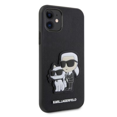Juodas originalus deklas Karl Lagerfeld PU Saffiano Karl and Choupette NFT telefonui Apple iPhone 11 su dekoratyviu Karl Lagerfeld ir kate figuru