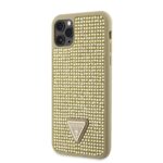Auksinis originalus deklas Guess Rhinestones Triangle Metal Logo telefonui Apple iPhone 11 Pro Max su blizganciais akmenukais