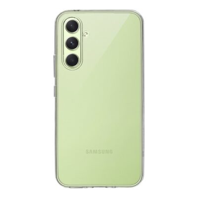 Skaidrus dėklas Tactical TPU telefonui Samsung Galaxy A54 5G, matomas galinis telefono vaizdas su trimis kameromis.