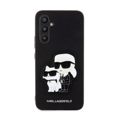 Juodas originalus dėklas Karl Lagerfeld PU Saffiano su Karl ir Choupette animacine siužete Samsung Galaxy A34 5G telefonui